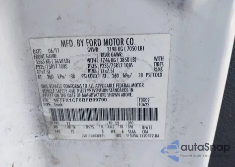 2011 Ford F-150 Xl z USA, uszkodzony, nr VIN 1FTFX1CF6BFB99700